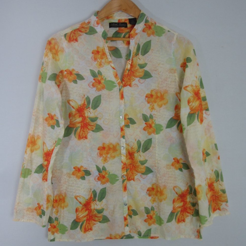 North River Outfitters Womens L Orange French Floral LS Cotton Shirt Cottagecore